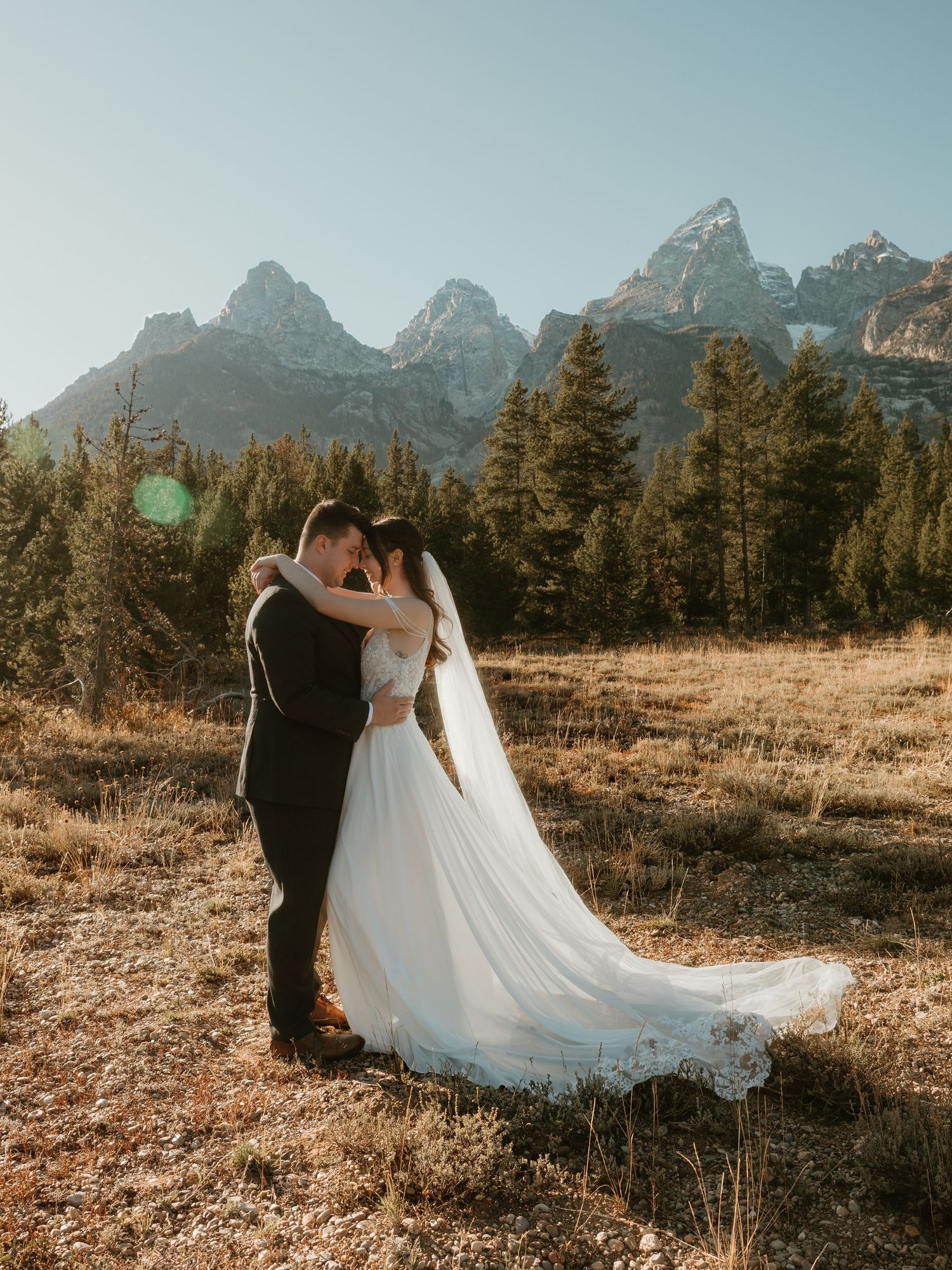 Wedding photography session with mountain peaks and pine trees creating a majestic backdrop.