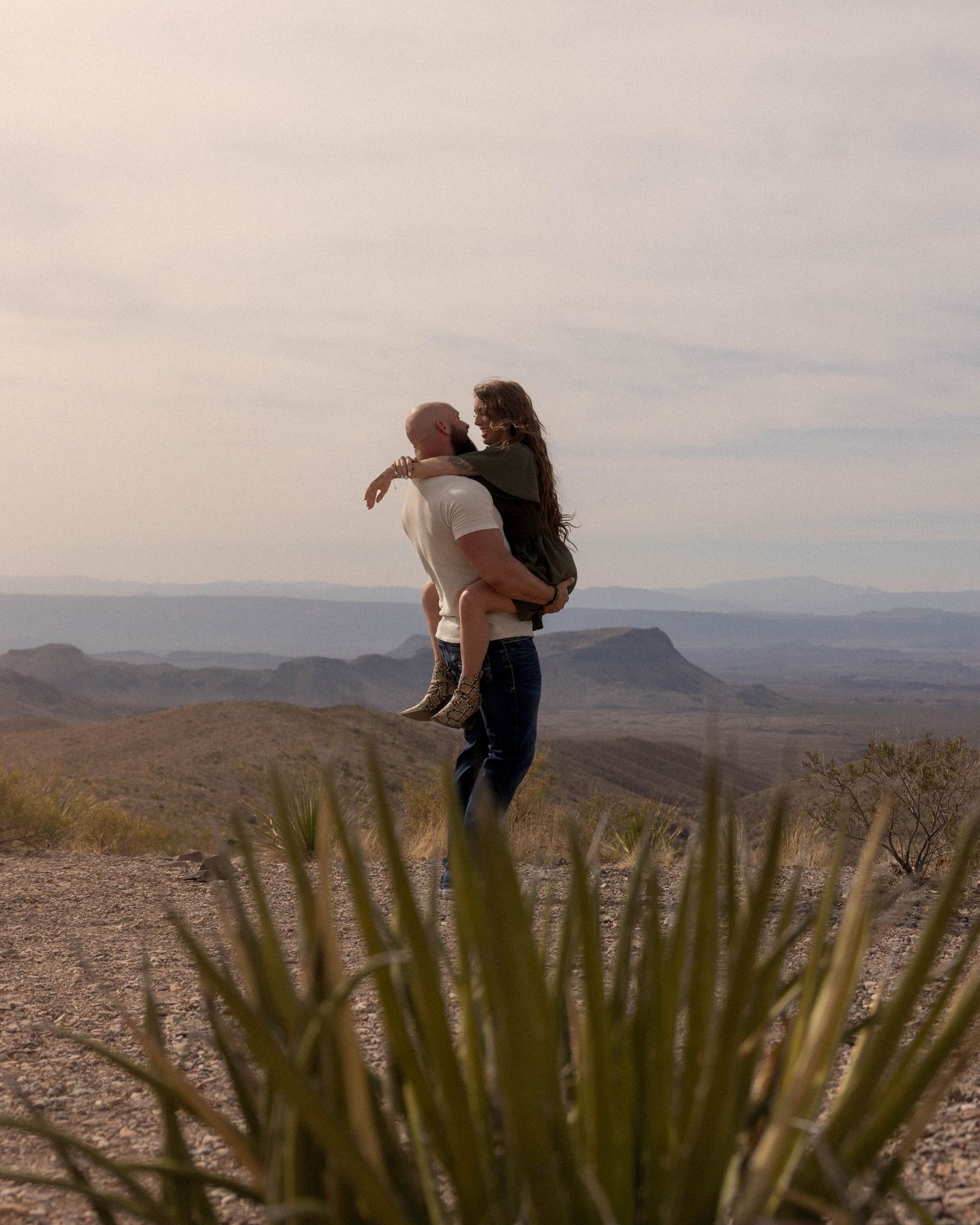 Desert mountain vista with dramatic rock formations and desert plants in the foreground.