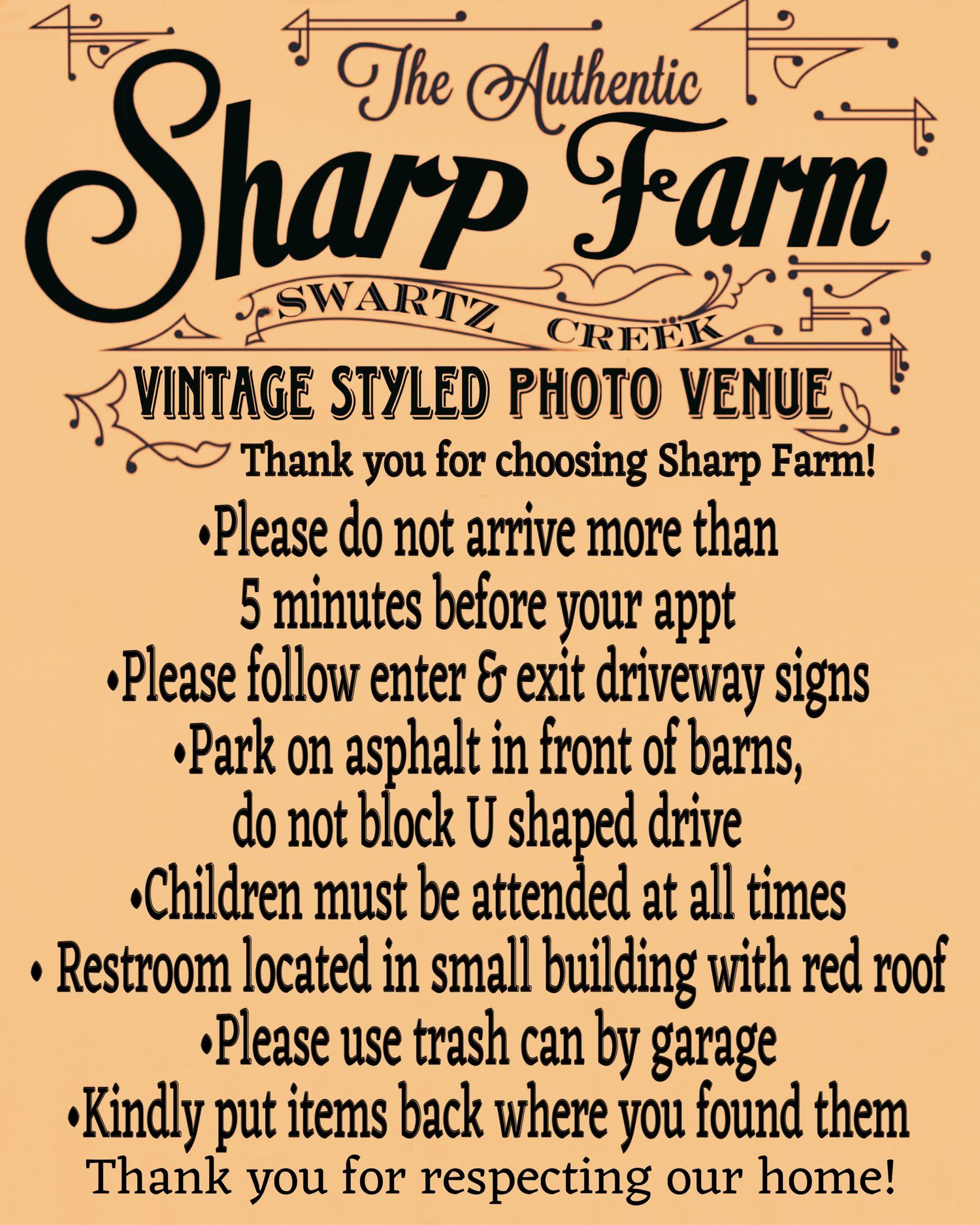 Vintage-style decorative signage with rustic text displaying farm rules and guidelines on a beige background.