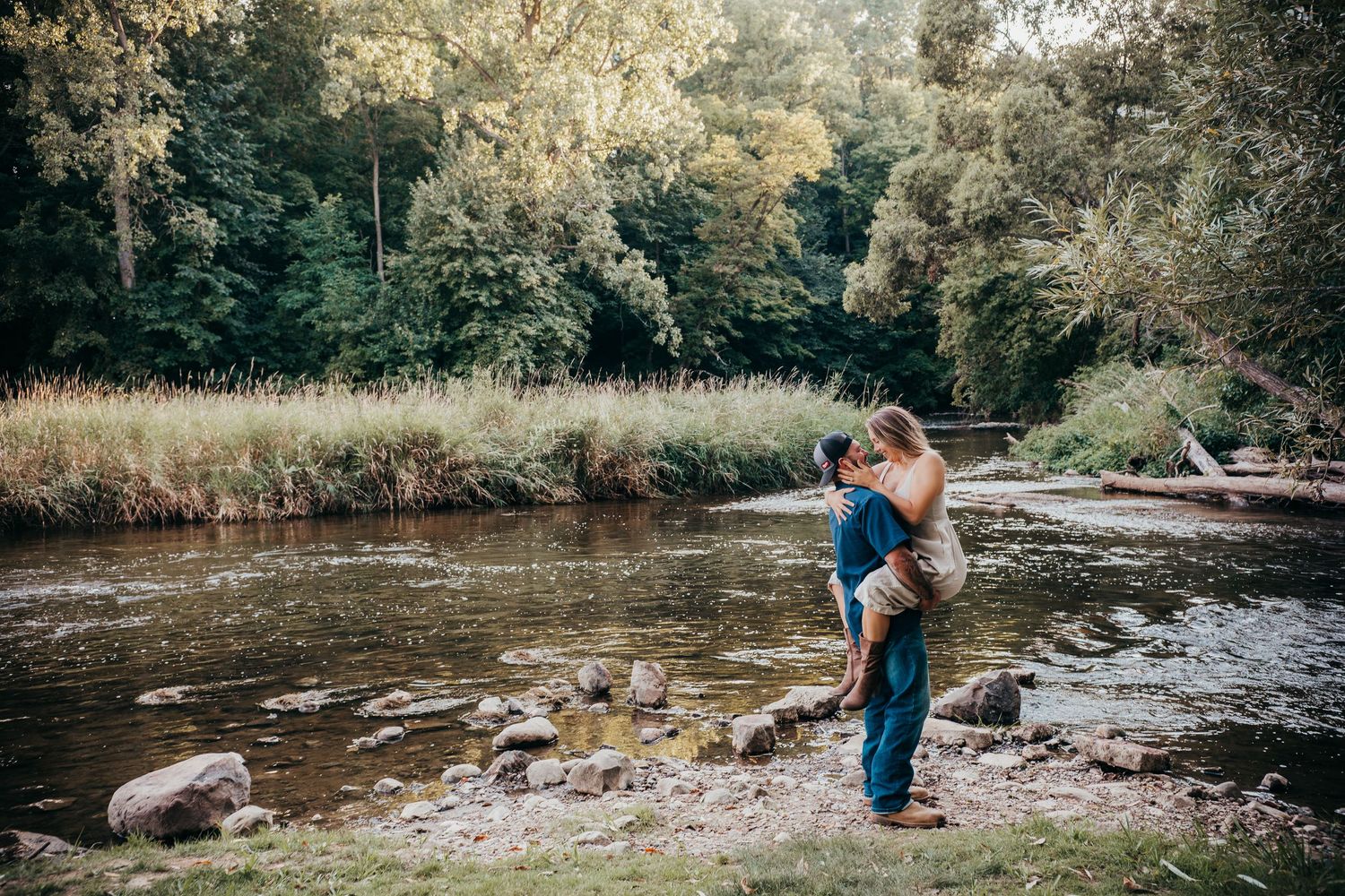 A series of nature photographs showing people exploring a scenic river and rocky shoreline in a wooded setting.