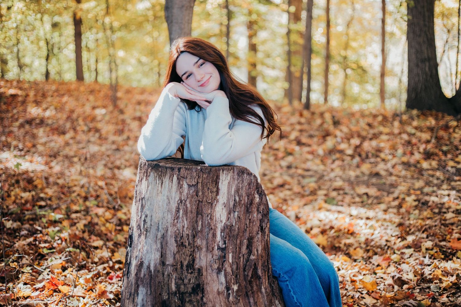 A person in casual attire sits on a tree stump surrounded by fallen autumn leaves in a forest setting.