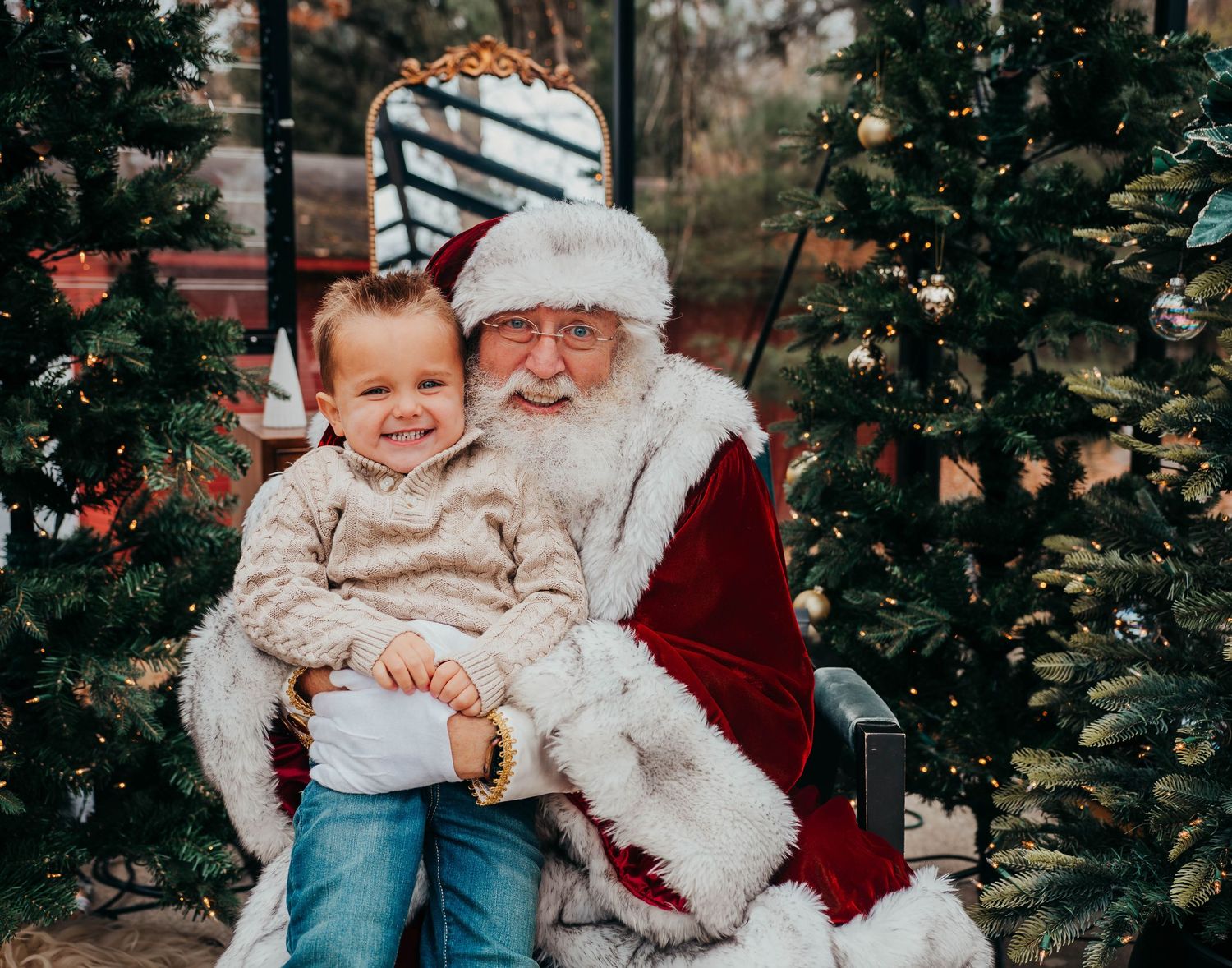 A series of four holiday photos showing joyful Christmas moments with a decorated evergreen tree in the background.