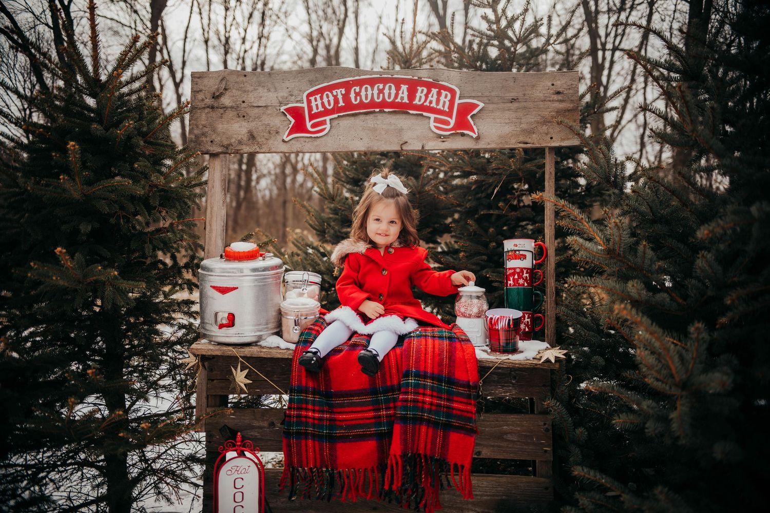 A winter holiday scene with red plaid decor, snow-covered trees, and rustic wooden elements in an outdoor setting.