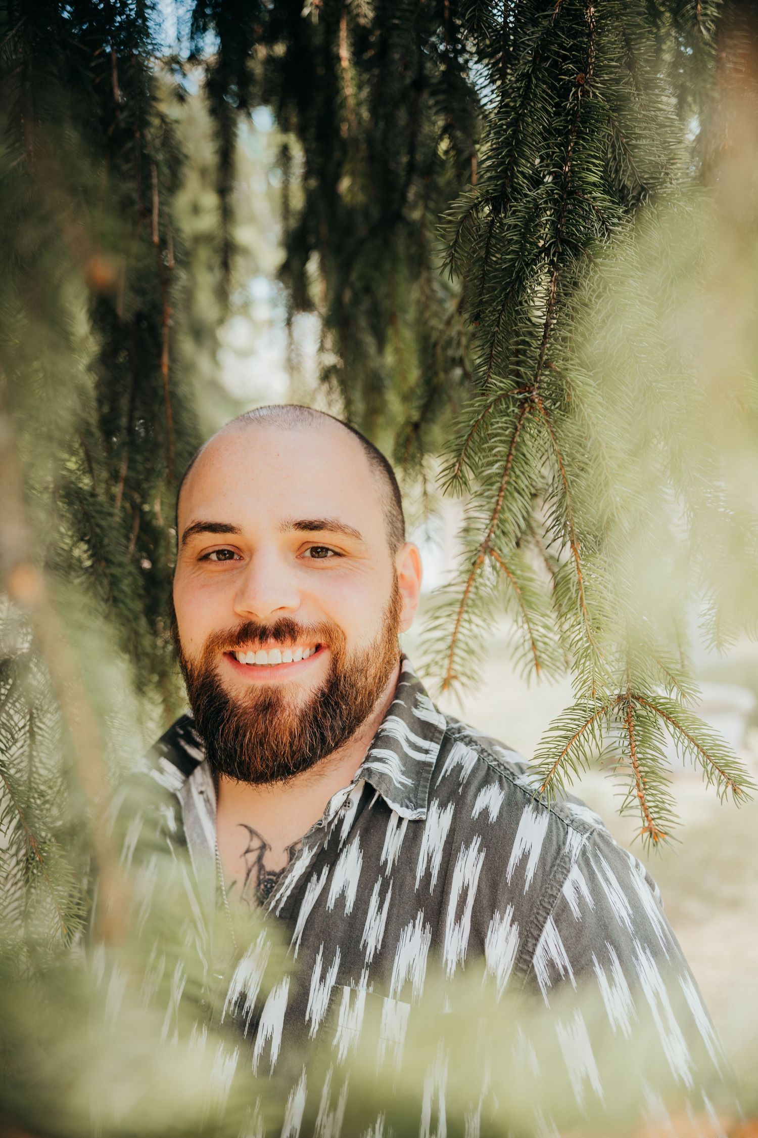 Portrait series through evergreen branches showing warm expressions and natural outdoor lighting.