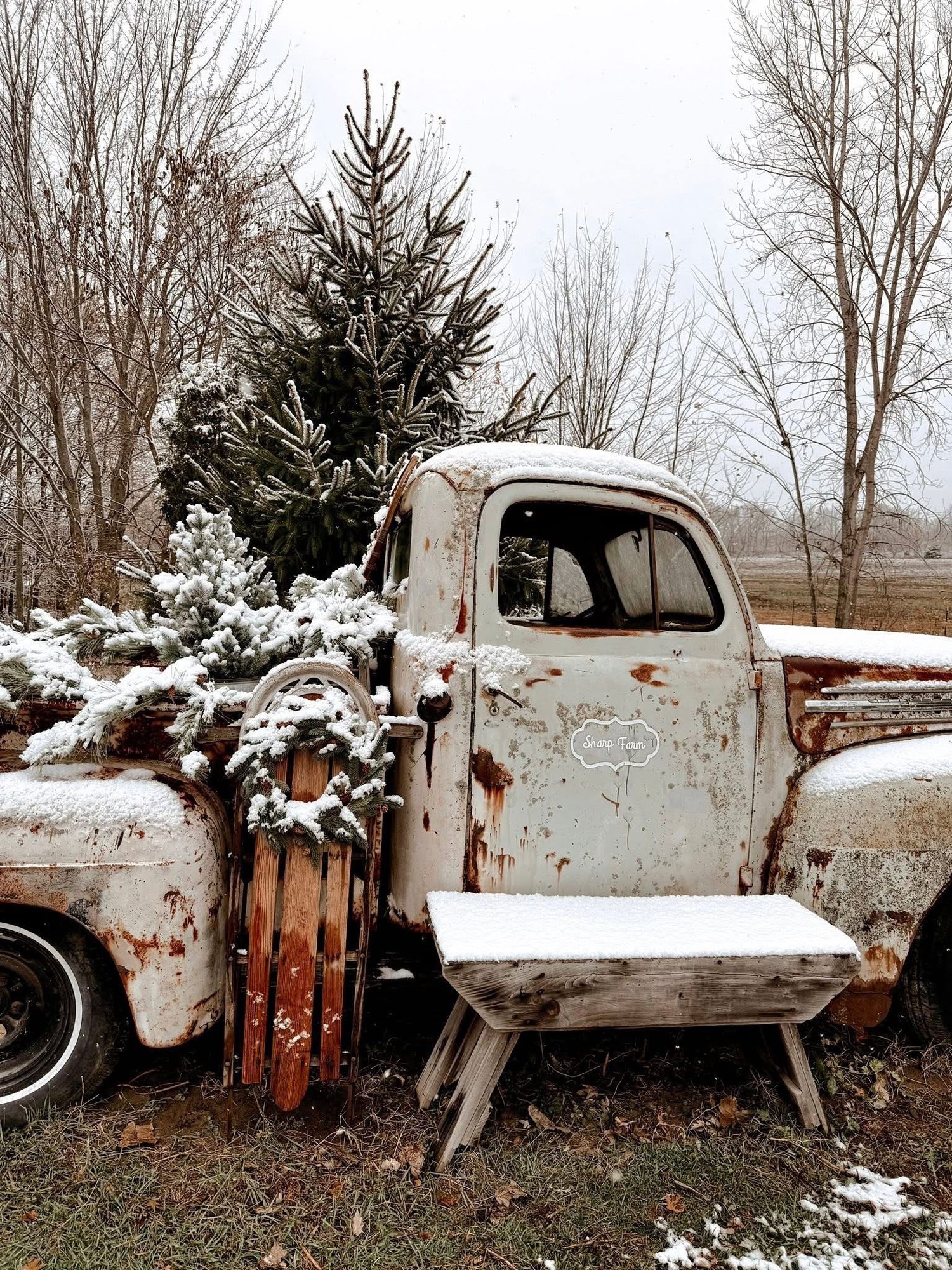 A rusty vintage pickup truck covered in snow sits abandoned in a winter forest landscape with bare trees.