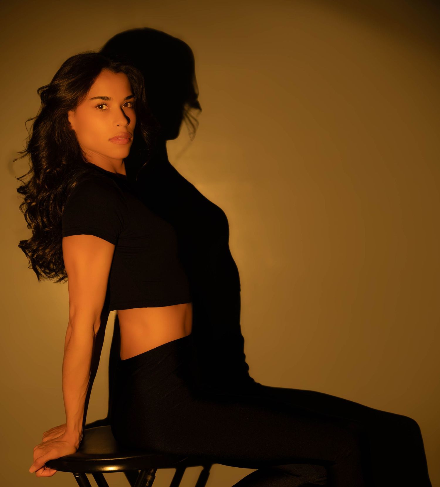 Dramatic silhouette portrait series in sepia tones showing a figure posing on a chair against a dark background.