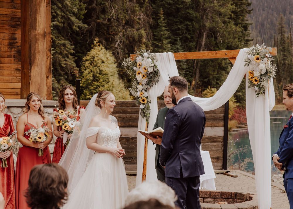 Wedding ceremony at Emerald Lake Lodge in Fields British Columbia