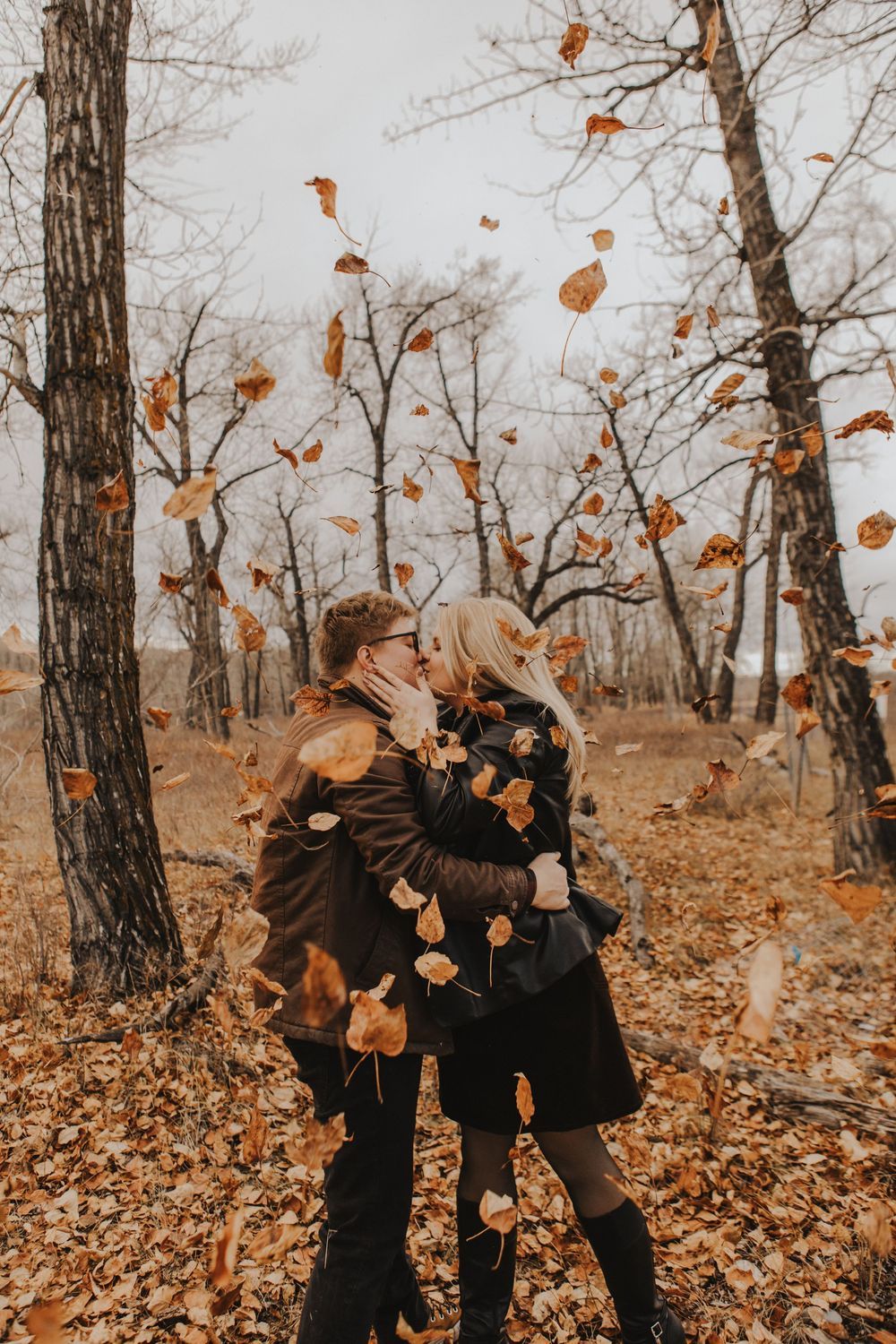 Calgary, Alberta engagement during fall and leaves falling