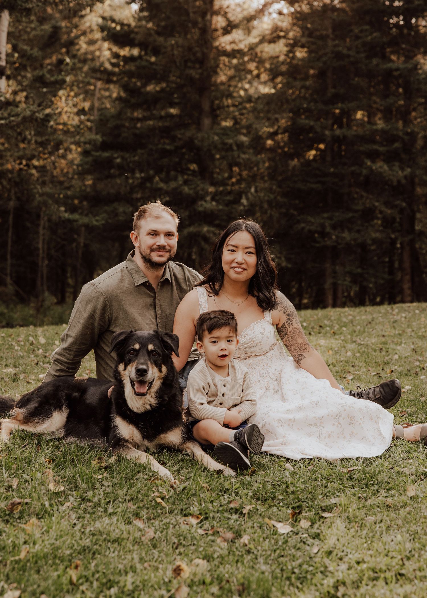 Family portrait with couple, toddler, and black dog sitting on grass in front of tall evergreen trees.