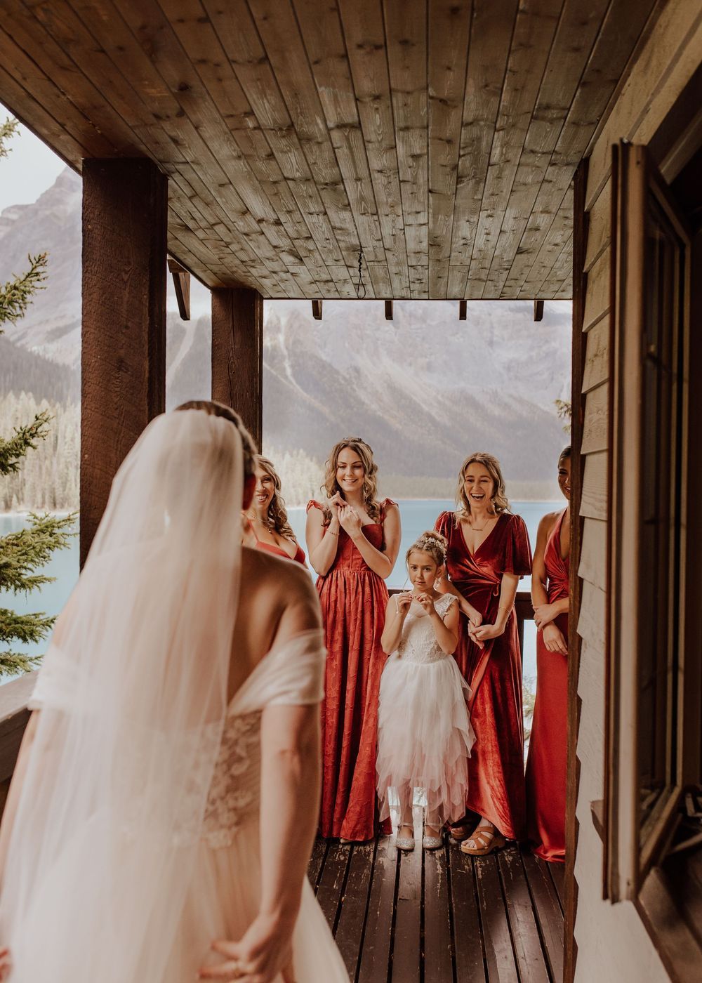 Wedding at Emerald Lake Lodge in Fields British Columbia bridal party first look