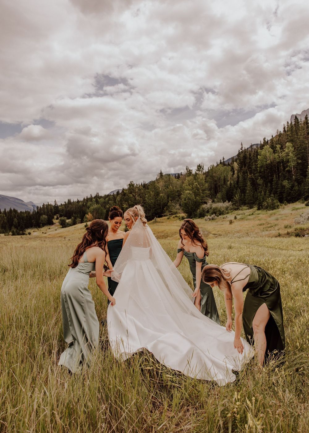 Canmore wedding photos with mountain backdrop