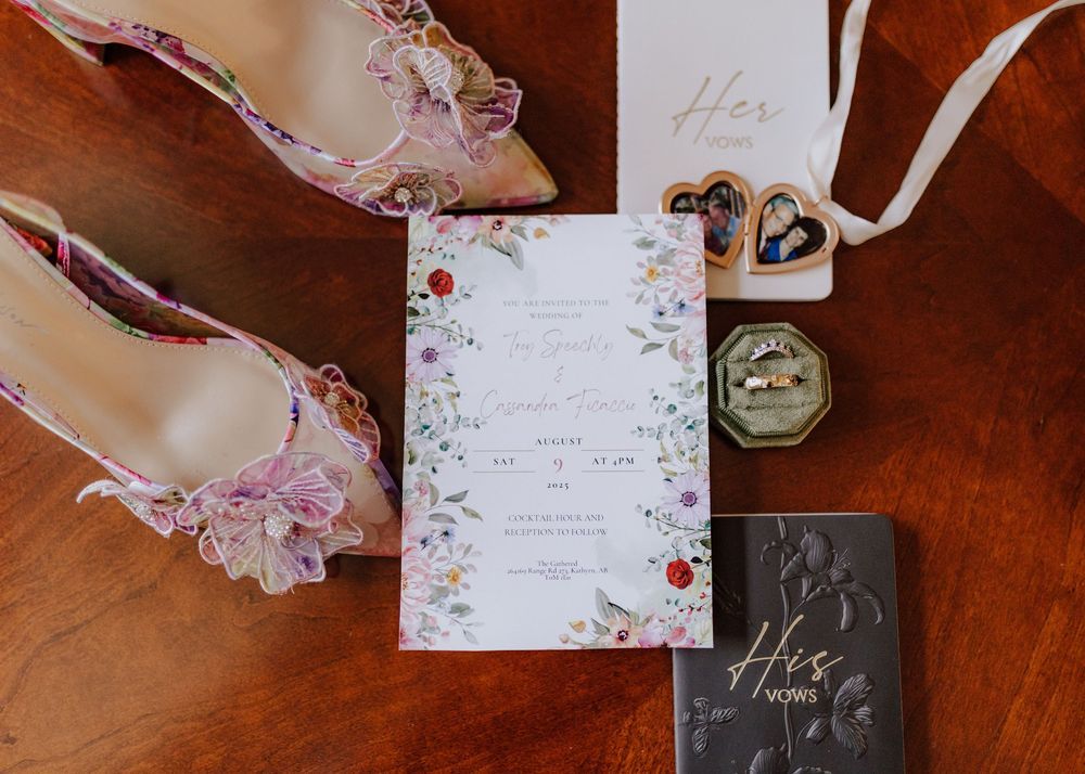 Calgary, Alberta Wedding flat lay photos with shoes and rings