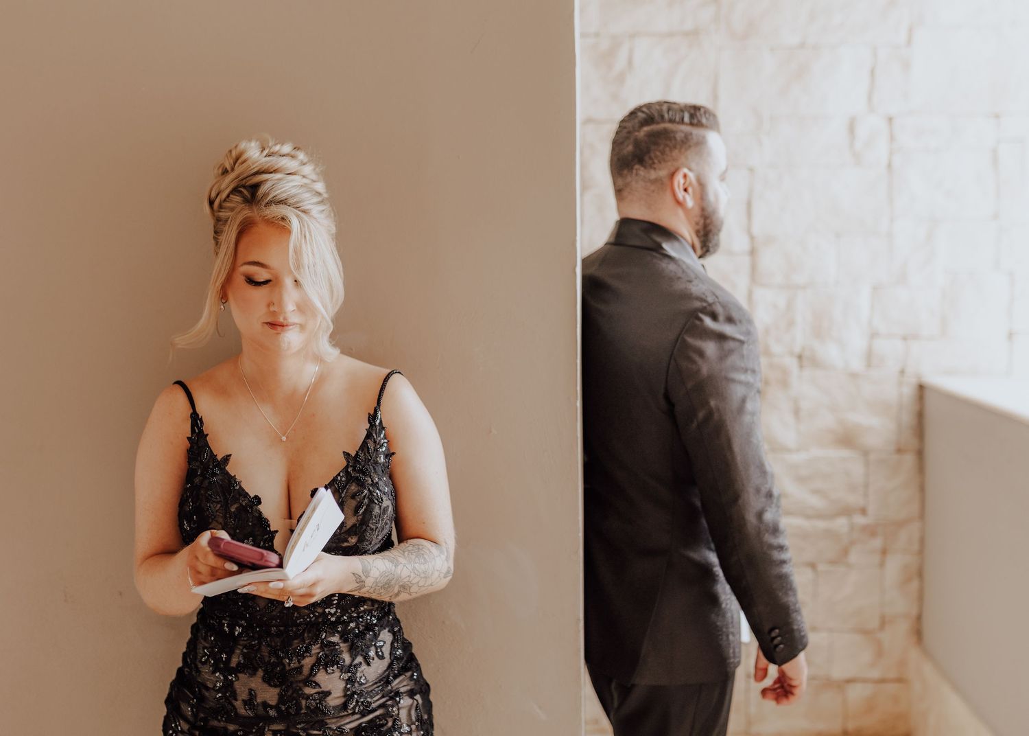 A romantic wedding photoshoot series showing intimate moments between a couple in a light-filled room with white walls.
