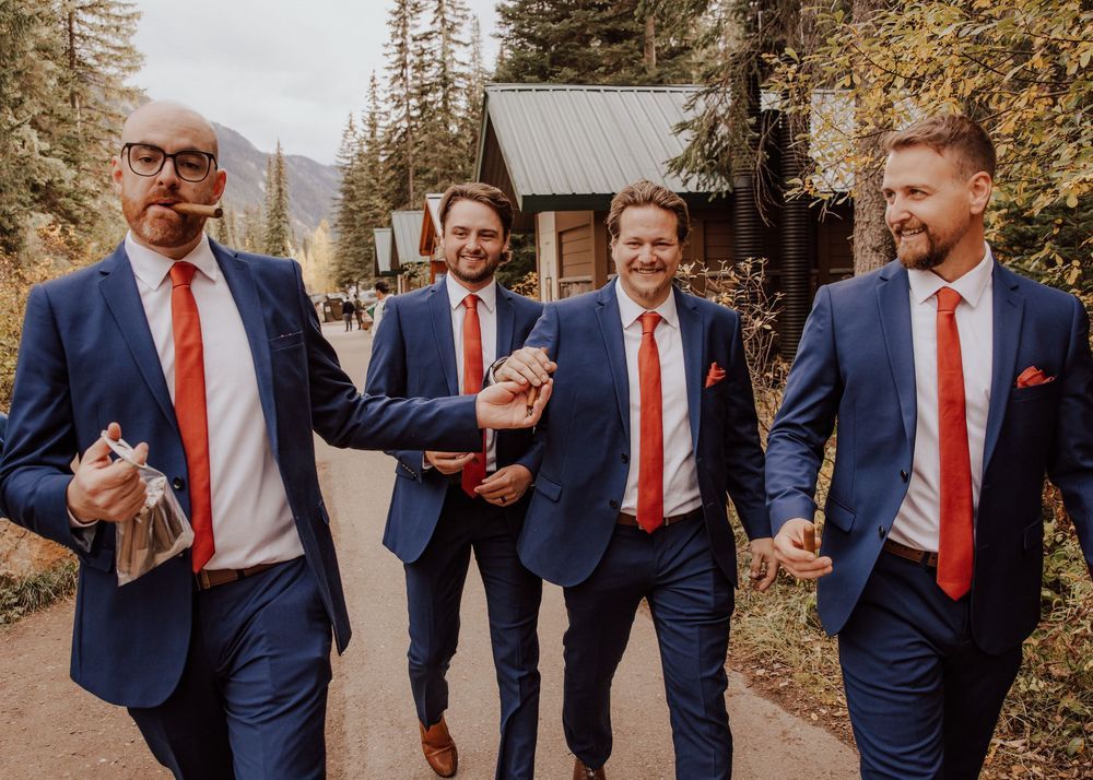 Wedding at Emerald Lake Lodge in Fields British Columbia groomsmen photos