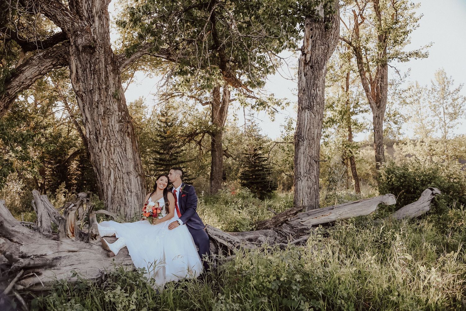 Calgary, Alberta wedding bride and groom on log with trees in background