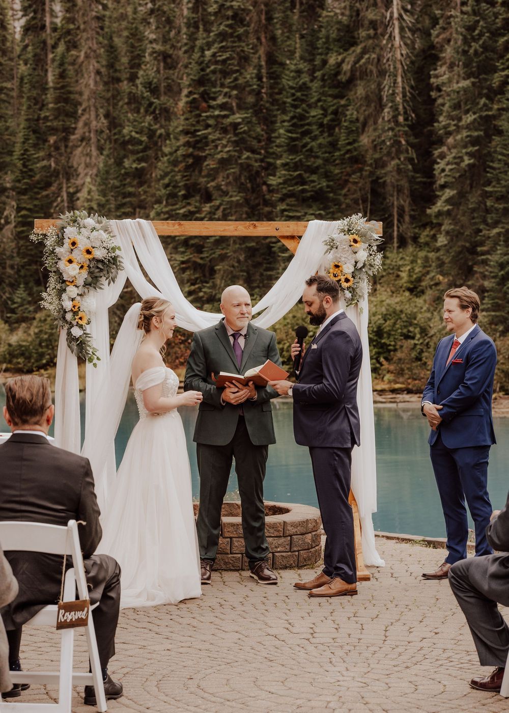 Wedding ceremony at Emerald Lake Lodge in Fields British Columbia