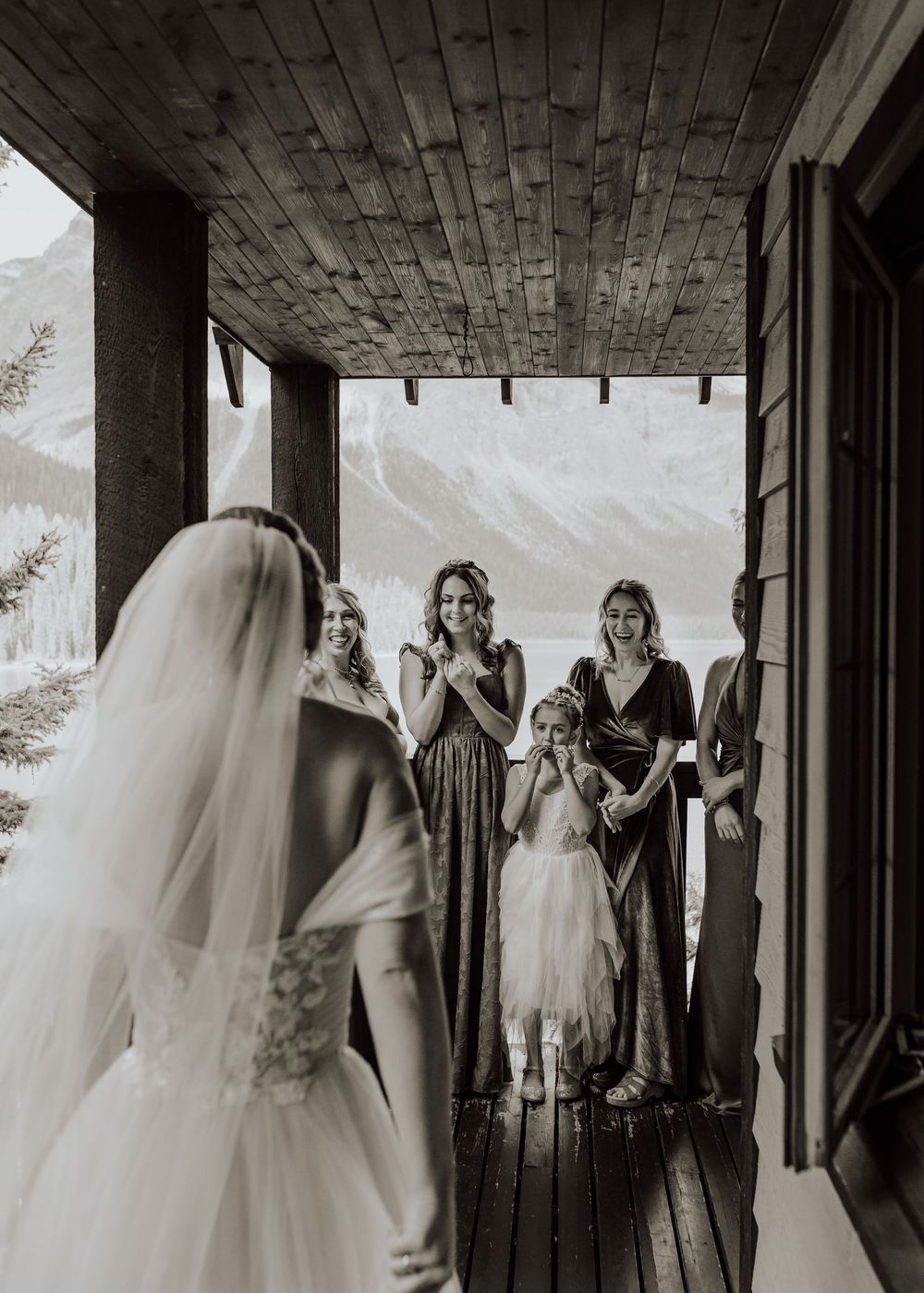 Wedding at Emerald Lake Lodge in Fields British Columbia bridal party first look