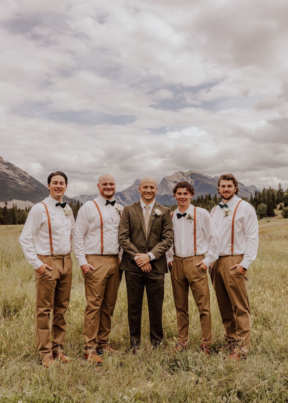 Canmore wedding photos with mountain backdrop