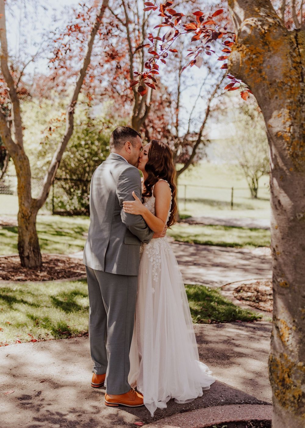 Calgary, Alberta Wedding first look in tree grove