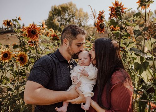 Cochrane, Alberta newborn with sunflowers
