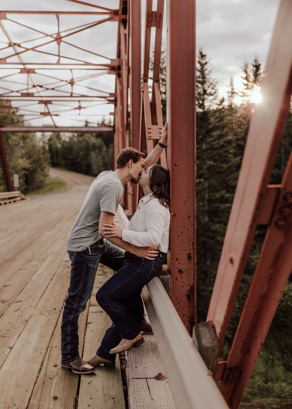 Calgary, Alberta engagement session on bridge at sunset