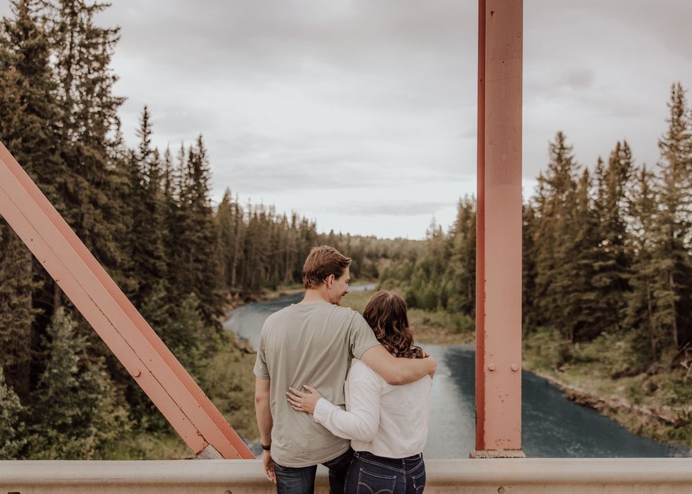 Calgary, Alberta engagement session on bridge at sunset