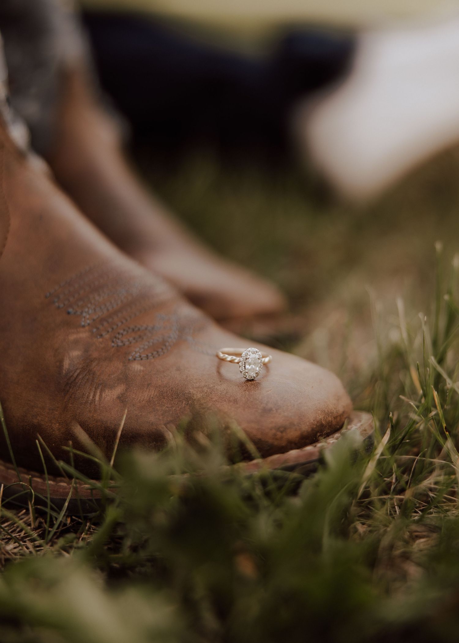 A close-up view of brown leather cowboy boots resting on grass in natural outdoor lighting.