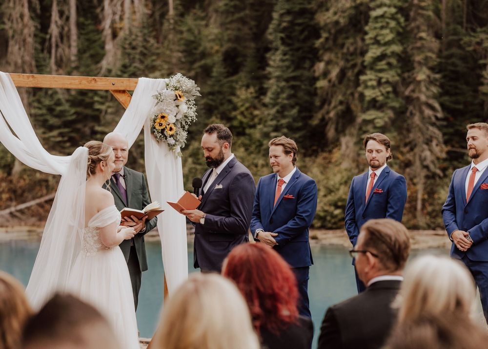 Wedding ceremony at Emerald Lake Lodge in Fields British Columbia