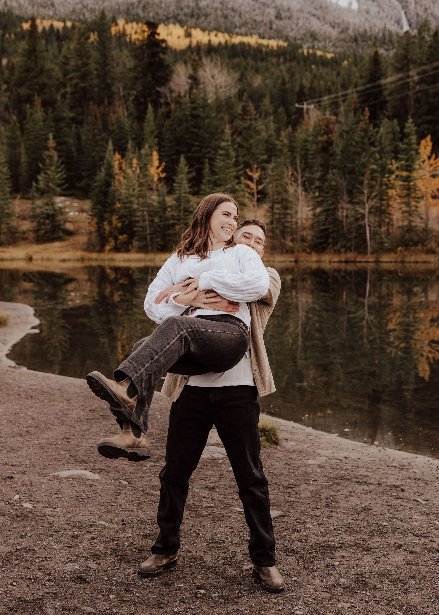 Canmore, Alberta engagement session during larch season with yellow trees