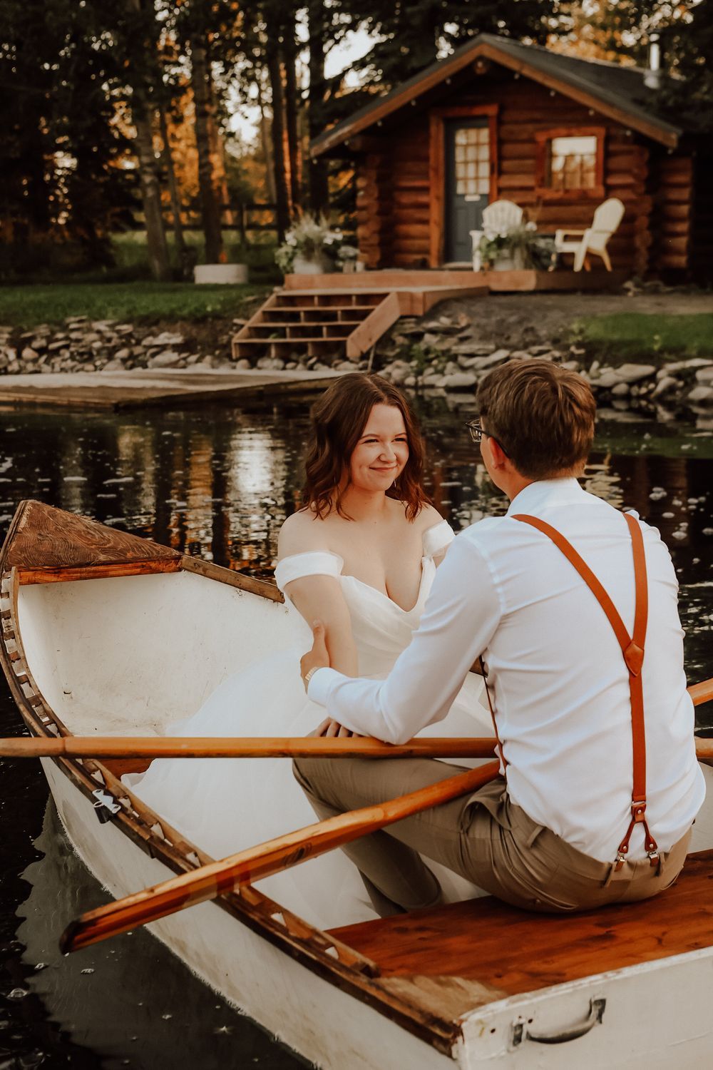 Alberta Wedding at Pine and Pond Wedding Venue bride and groom in pond