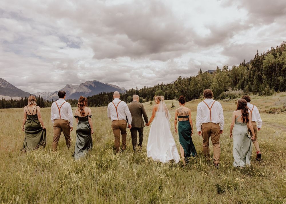 Canmore wedding photos with mountain backdrop