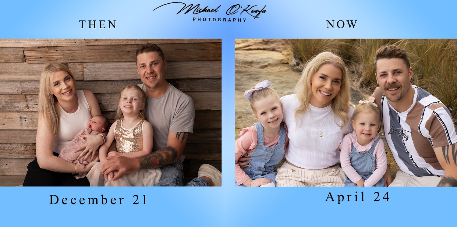 Before and after family portraits showing growth from December 21 to April 24.