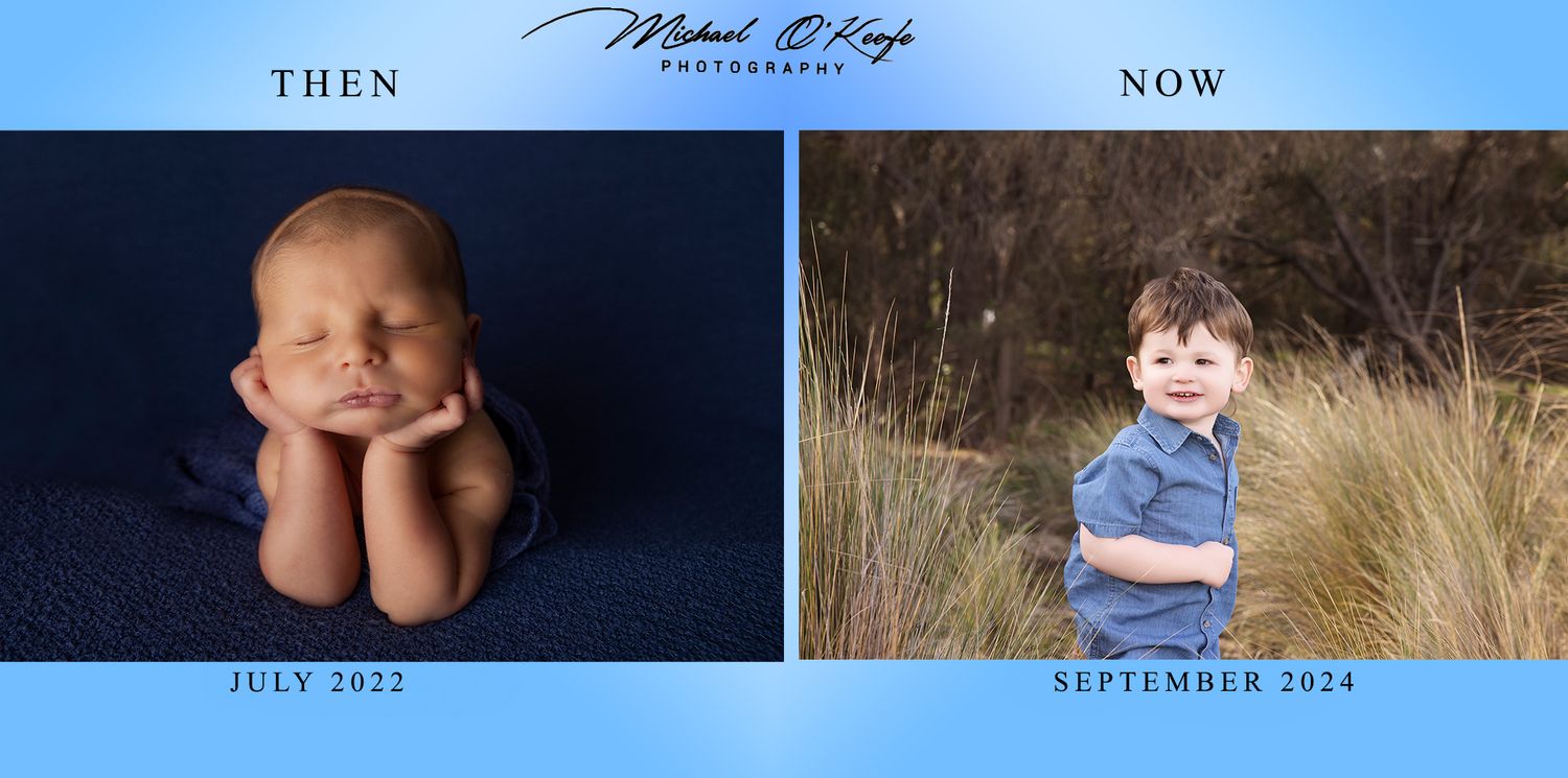 Timeline layout of family photographs showing progression from past to present.
