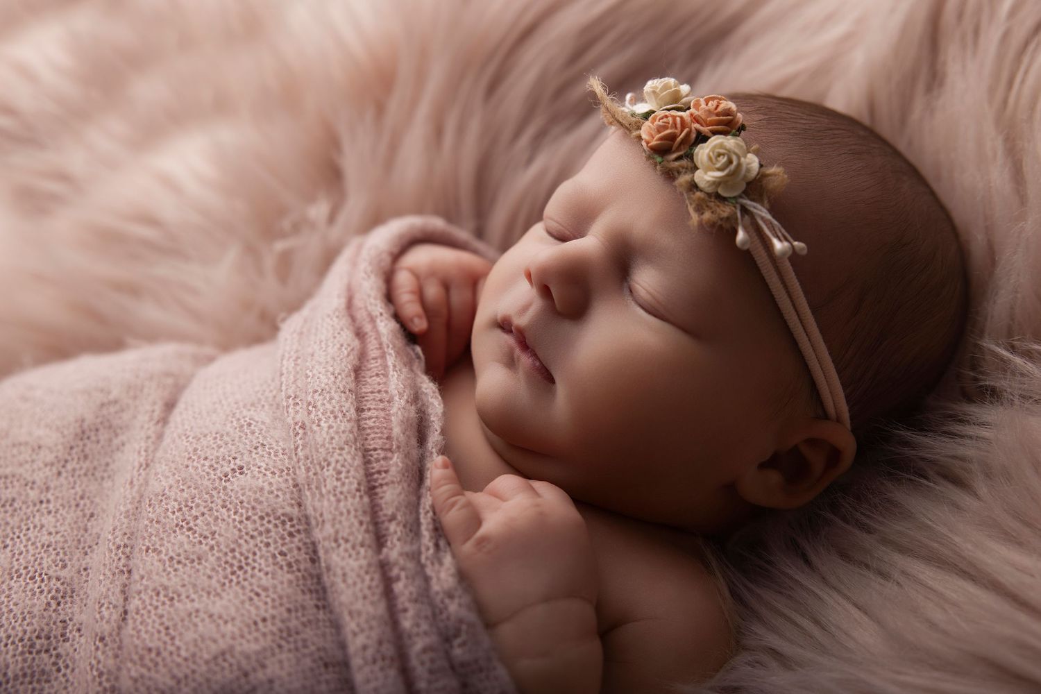Sleeping newborn baby girl wrapped in pink knit swaddle with floral headband on soft fur backdrop.