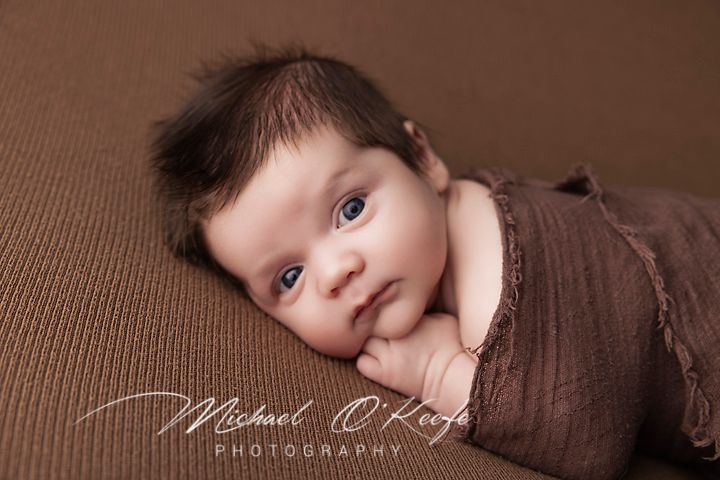 A series of sepia-toned professional baby portraits arranged in a horizontal collage.