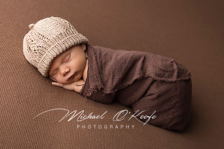 Newborn photography collage showing peaceful sleeping poses in brown and beige tones with knitted accessories.