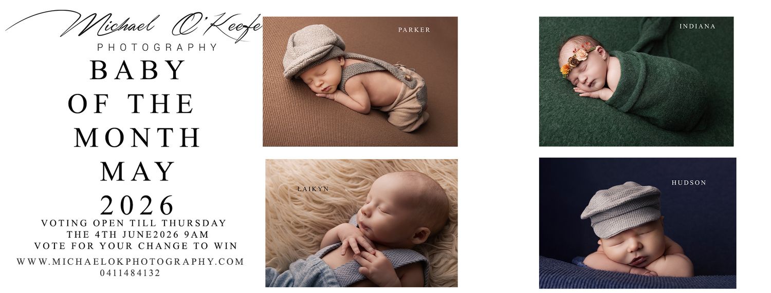 Newborn baby photography collage featuring sleeping infants in cozy knit props for Baby of the Month May 2026.
