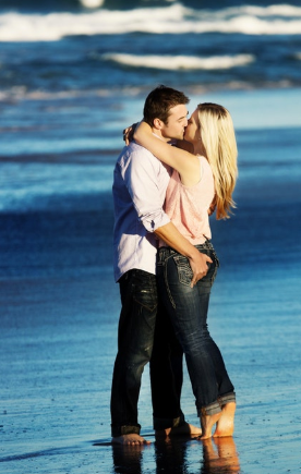 Romantic couple photography sequence at the beach with waves and blue water in the background.