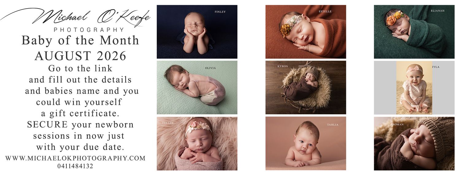 Newborn photography collage featuring sleeping babies in cozy wraps and props, advertised for Baby of the Month August 2026.