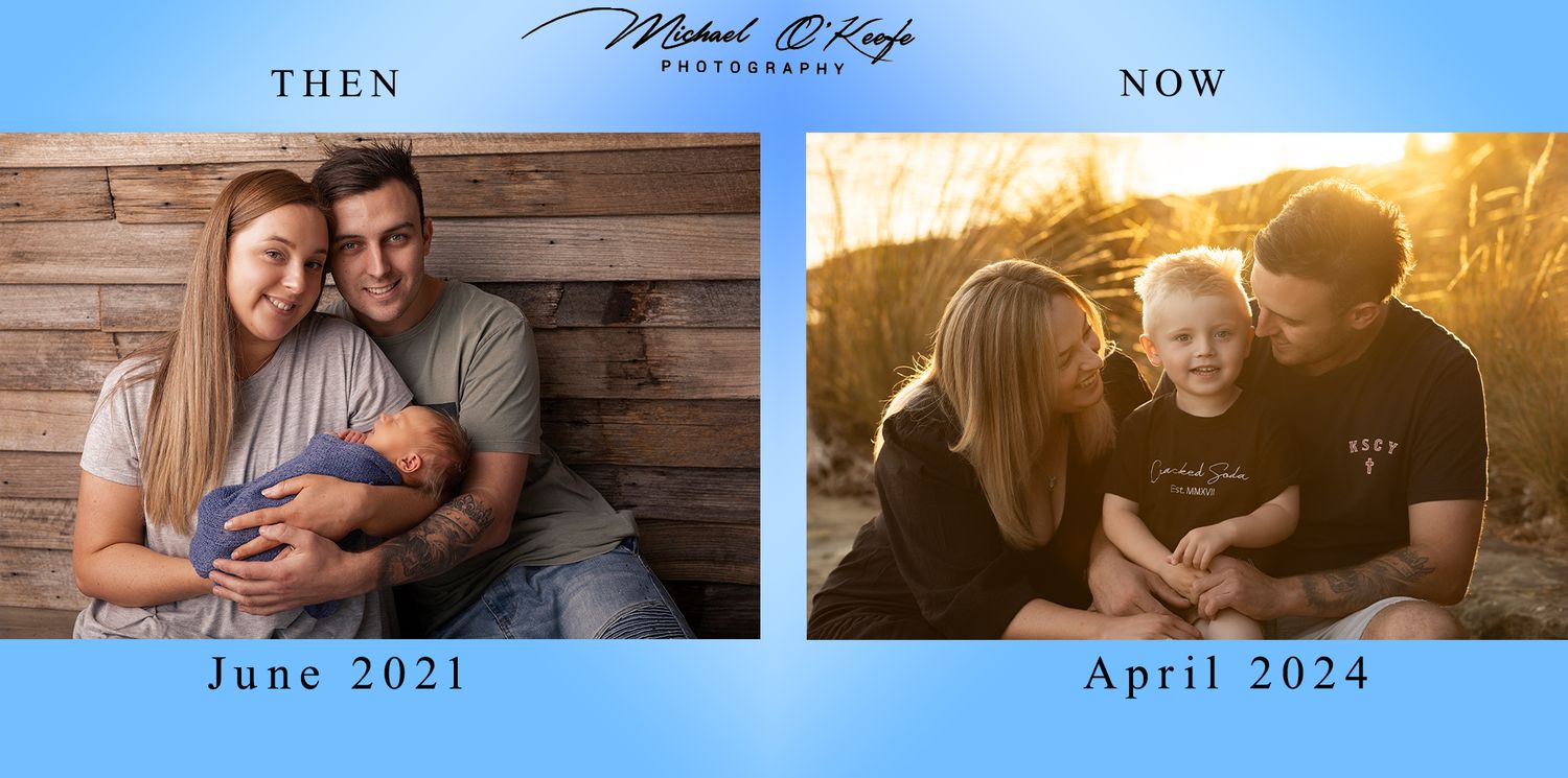Side by side family portraits showing timeline progression from indoor to outdoor settings.