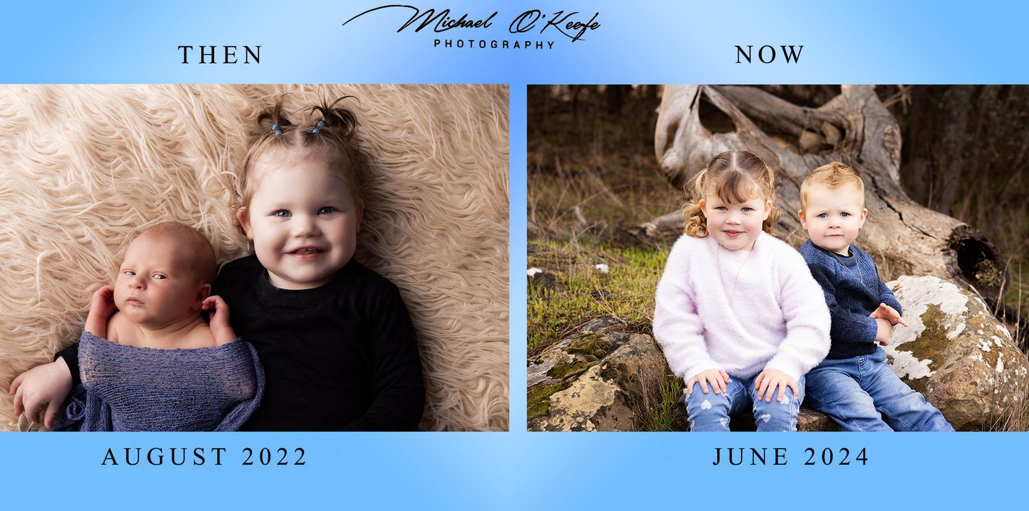 Collection of family photographs arranged in a timeline showing growth and changes over multiple years.