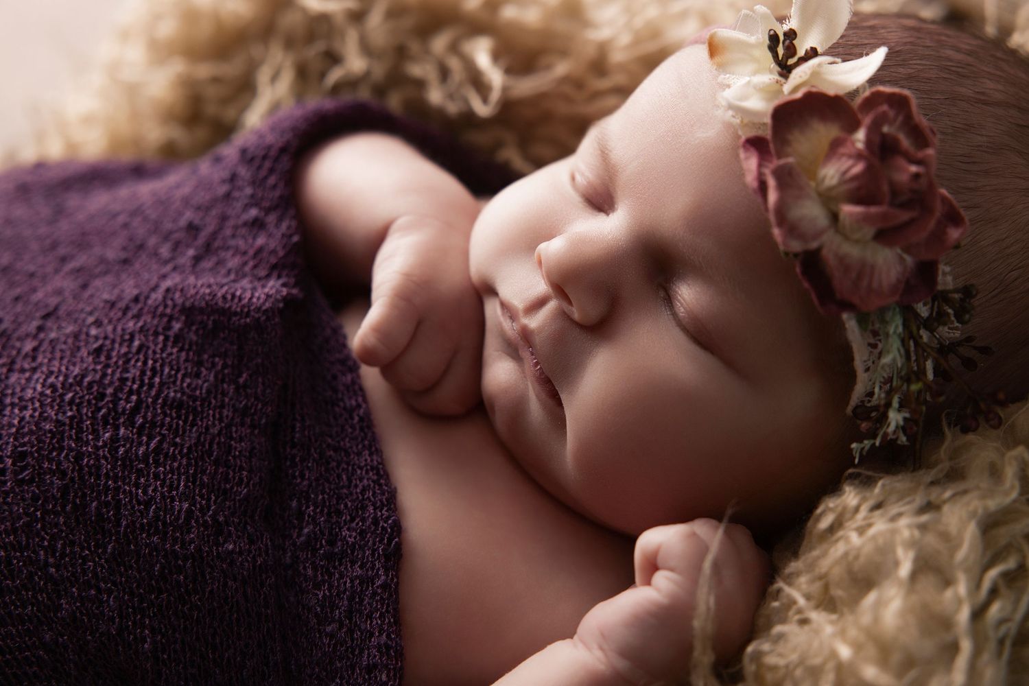 A series of soft, intimate newborn photos featuring purple fabric and delicate floral accents in muted natural lighting.