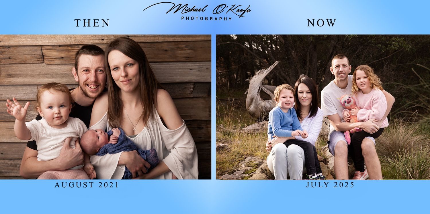Photo collage displaying various family moments and memories arranged chronologically.