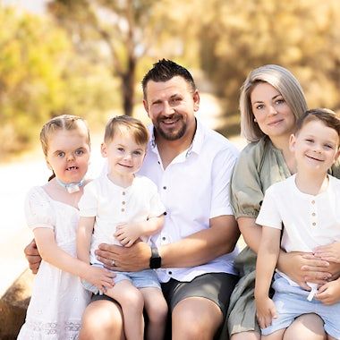 Series of candid family moments captured outdoors in white clothing against a sunlit natural backdrop.
