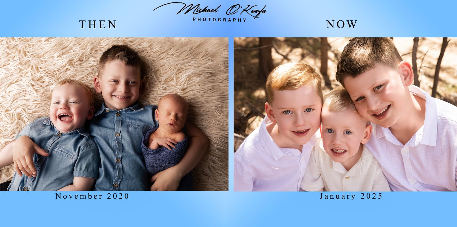 Chronological display of family photographs showing transformation from then to now.
