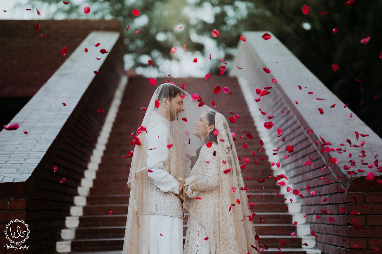 A romantic wedding moment captured on white stairs with red rose petals falling through the air.