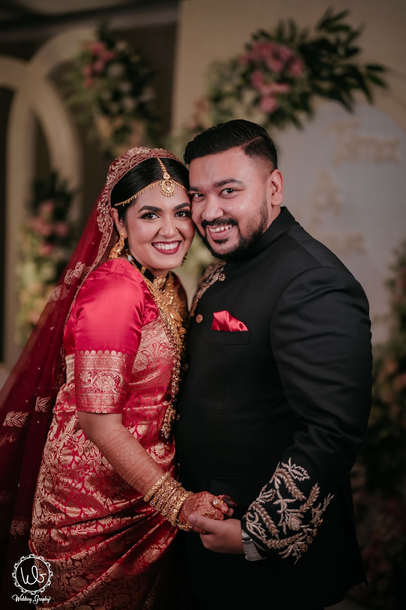 A couple in traditional Indian wedding attire share intimate moments in a series of romantic portrait photographs.