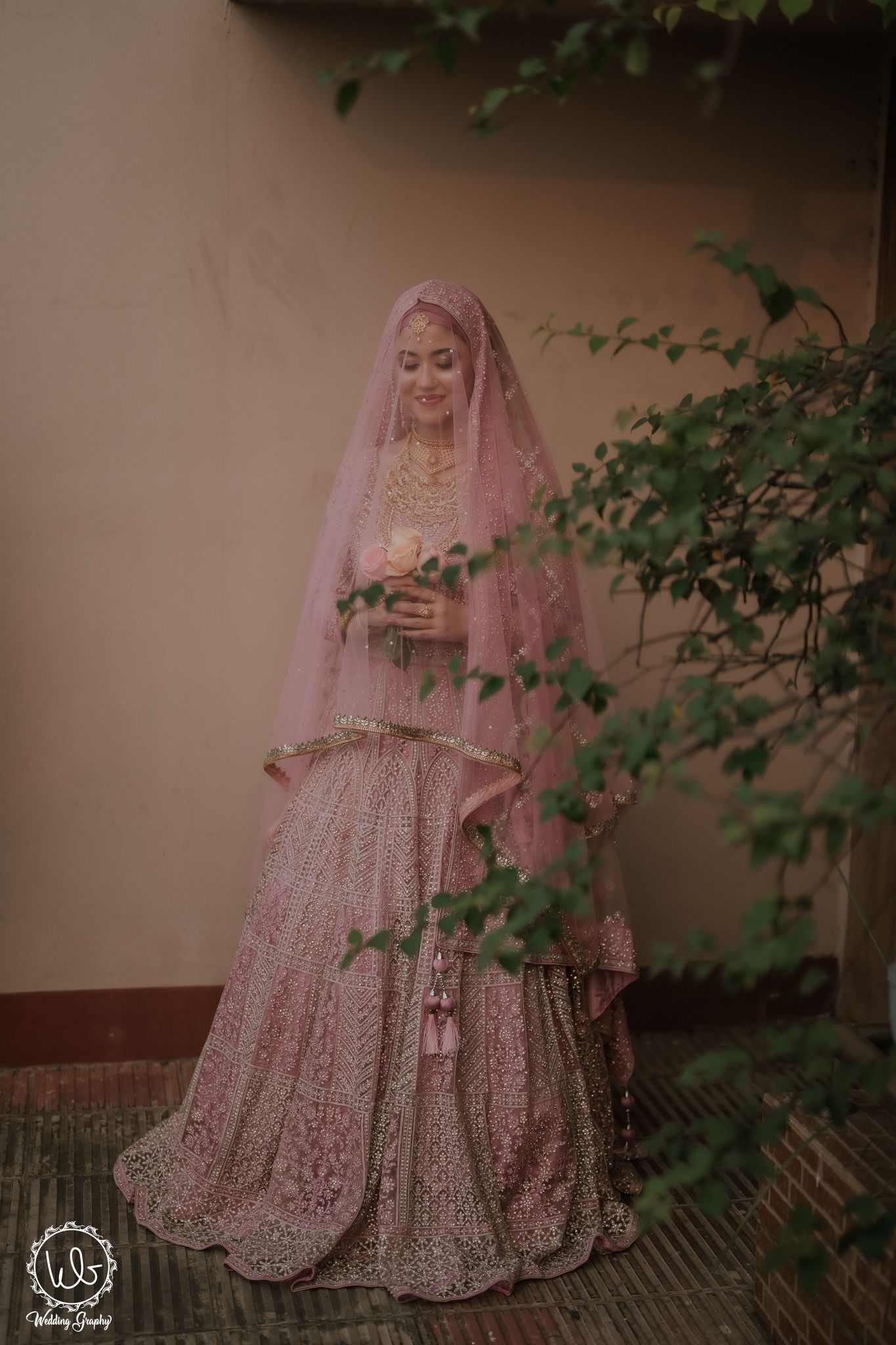 A bride in a pink embellished lehenga and veil poses elegantly against a textured wall with green foliage.