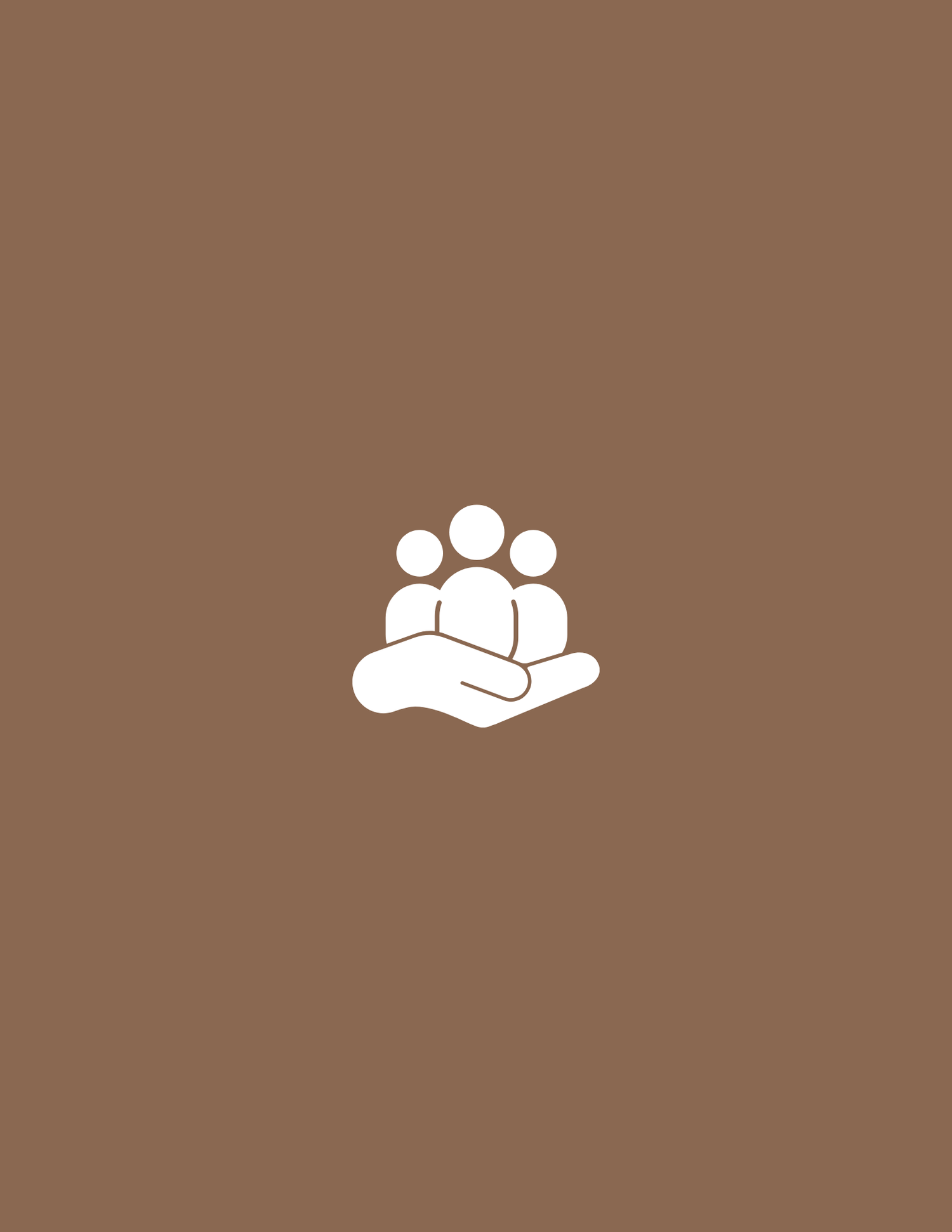 Solid brown background with white minimalist icons.