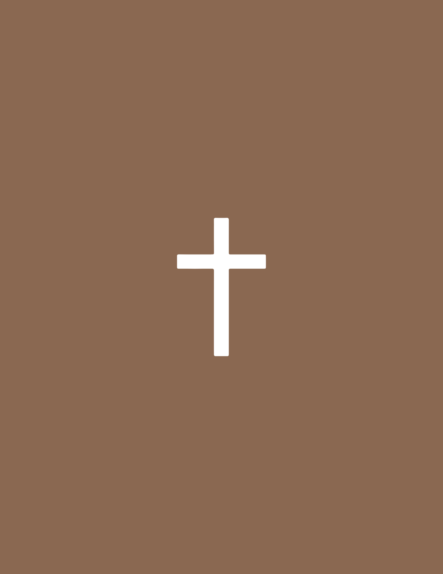 Brown background with white cross and geometric symbols.